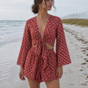 Women’s Rust Red Floral Printed Cotton Beach Wear Set with Tie-Up Top & Shorts