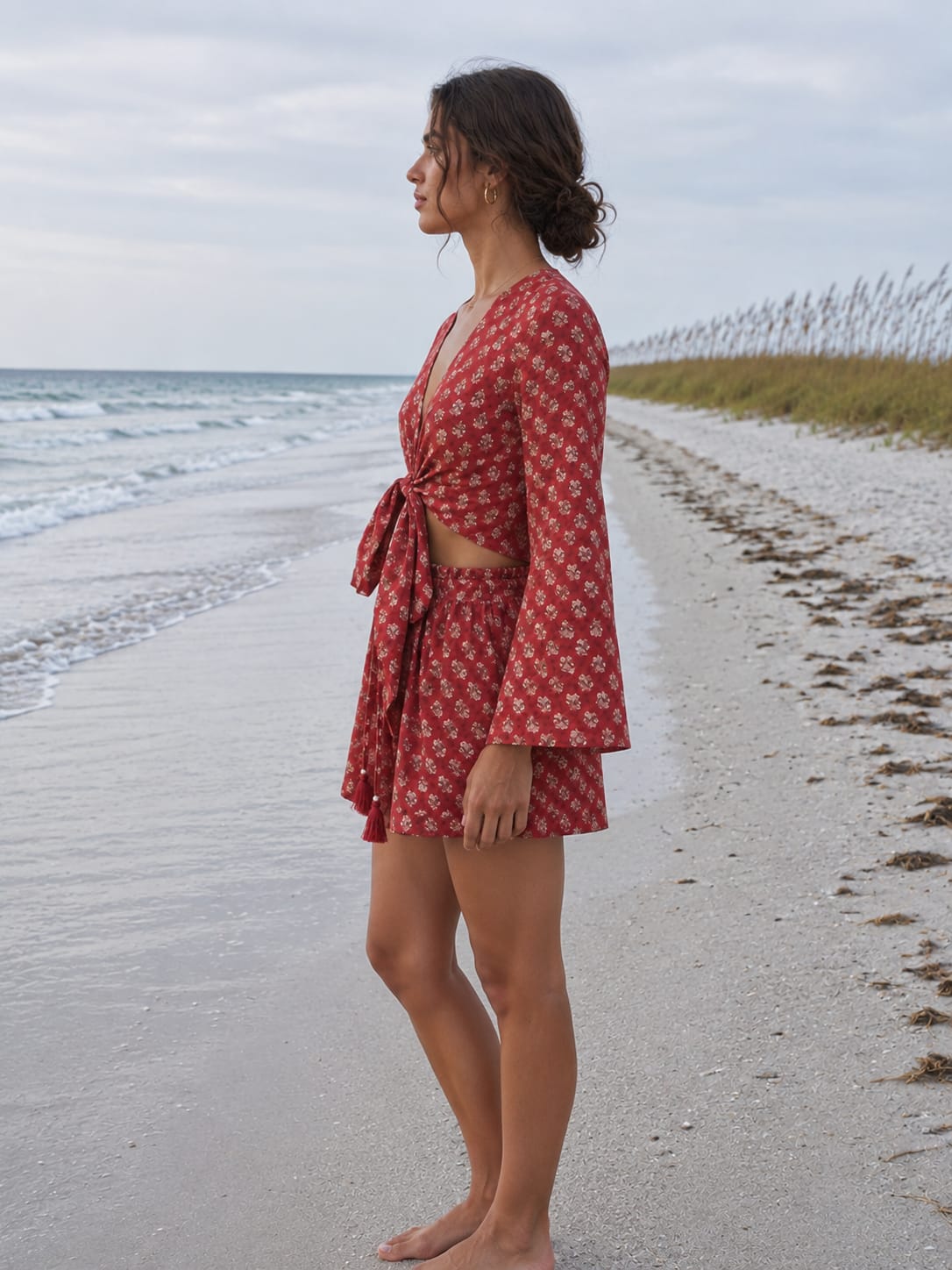 Women’s Rust Red Floral Printed Cotton Beach Wear Set with Tie-Up Top & Shorts