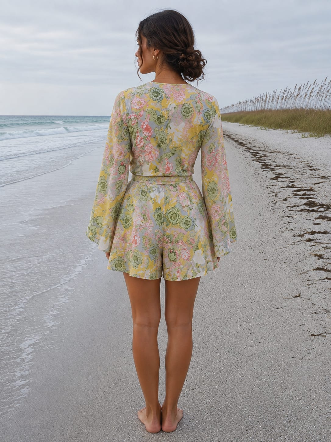 Women’s Yellow Floral Printed Cotton Beach Wear Set with Bell Sleeve Tie-Up Top & Shorts
