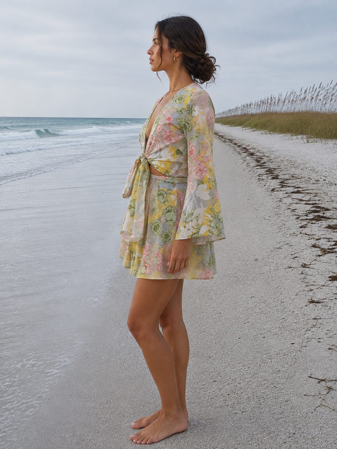 Women’s Yellow Floral Printed Cotton Beach Wear Set with Bell Sleeve Tie-Up Top & Shorts