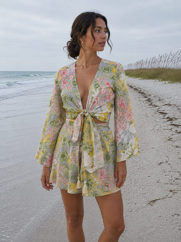 Women’s Yellow Floral Printed Cotton Beach Wear Set with Bell Sleeve Tie-Up Top & Shorts
