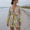 Women’s Yellow Floral Printed Cotton Beach Wear Set with Bell Sleeve Tie-Up Top & Shorts