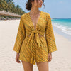 Women’s Mustard Yellow Printed Cotton Beach Wear Set with Bell Sleeve Tie-Up Top & Tassel Shorts