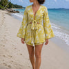 Women’s Mustard Yellow Tropical Printed Cotton Beach Wear Set with Bell Sleeve Tie-Up Top & Tassel Shorts