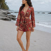 Women’s Deep Red Floral Printed Cotton Beach Wear Set with Bell Sleeve Tie-Up Top & Tassel Shorts