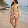 Women’s Cream Multicolor Geometric Printed Cotton Beach Wear Set with Bell Sleeve Tie-Up Top & Tassel Shorts