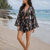 Women’s Black Floral Printed Cotton Beach Wear Set with Bell Sleeve Tie-Up Top & Tassel Shorts