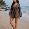 Women’s Brown Solid Cotton Beach Wear Set with Bell Sleeve Tie-Up Top & Tassel Shorts