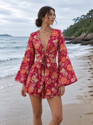Women’s Red Floral Printed Cotton Beach Wear Set with Bell Sleeve Tie-Up Top & Tassel Shorts