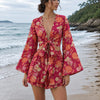 Women’s Red Floral Printed Cotton Beach Wear Set with Bell Sleeve Tie-Up Top & Tassel Shorts