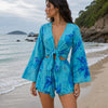 Women’s Blue Abstract Printed Cotton Beach Wear Set with Bell Sleeve Tie-Up Top & Tassel Shorts