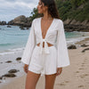 Women’s White Solid Cotton Beach Wear Set with Bell Sleeve Tie-Up Top & Tassel Shorts