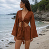 Women’s Brown Solid Cotton Beach Wear Set with Bell Sleeve Tie-Up Top & Tassel Shorts