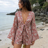Women’s Pink Floral Printed Cotton Beach Wear Set with Bell Sleeve Tie-Up Top & Tassel Shorts