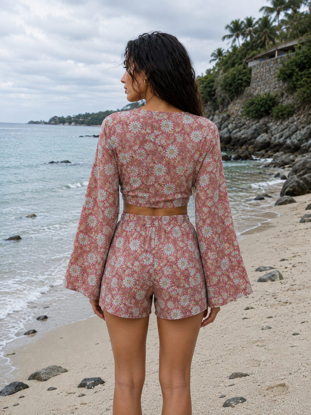 Women’s Pink Floral Printed Cotton Beach Wear Set with Bell Sleeve Tie-Up Top & Tassel Shorts