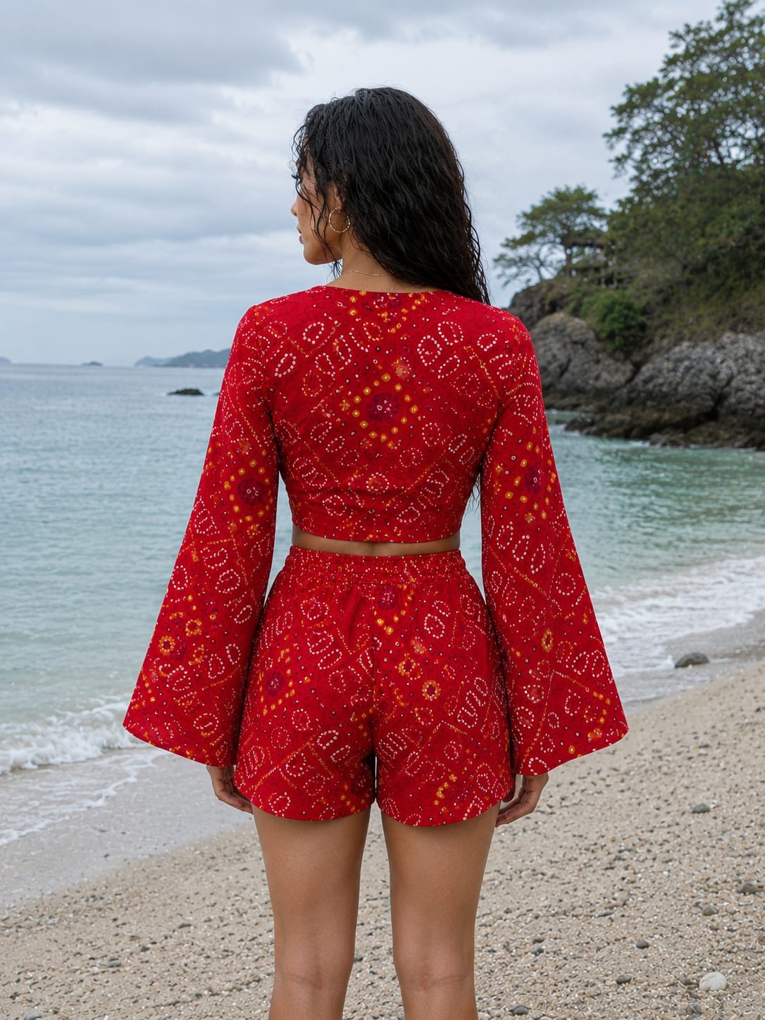 Women’s Red Bandhani Printed Cotton Beach Wear Set with Bell Sleeve Tie-Up Top & Tassel Shorts