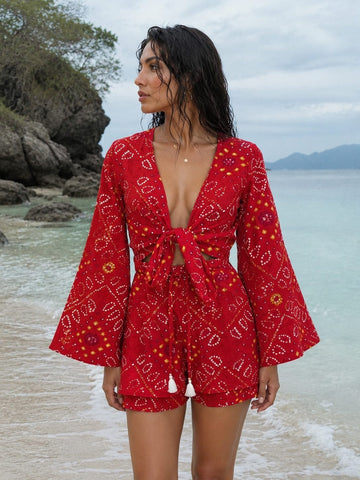 Women’s Red Bandhani Printed Cotton Beach Wear Set with Bell Sleeve Tie-Up Top & Tassel Shorts