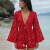 Women’s Red Bandhani Printed Cotton Beach Wear Set with Bell Sleeve Tie-Up Top & Tassel Shorts