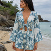 Women’s Blue Abstract Printed Cotton Beach Wear Set with Bell Sleeve Tie-Up Top & Tassel Shorts