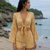 Women’s Mustard Paisley Printed Cotton Beach Wear Set with Bell Sleeve Tie-Up Top & Tassel Shorts
