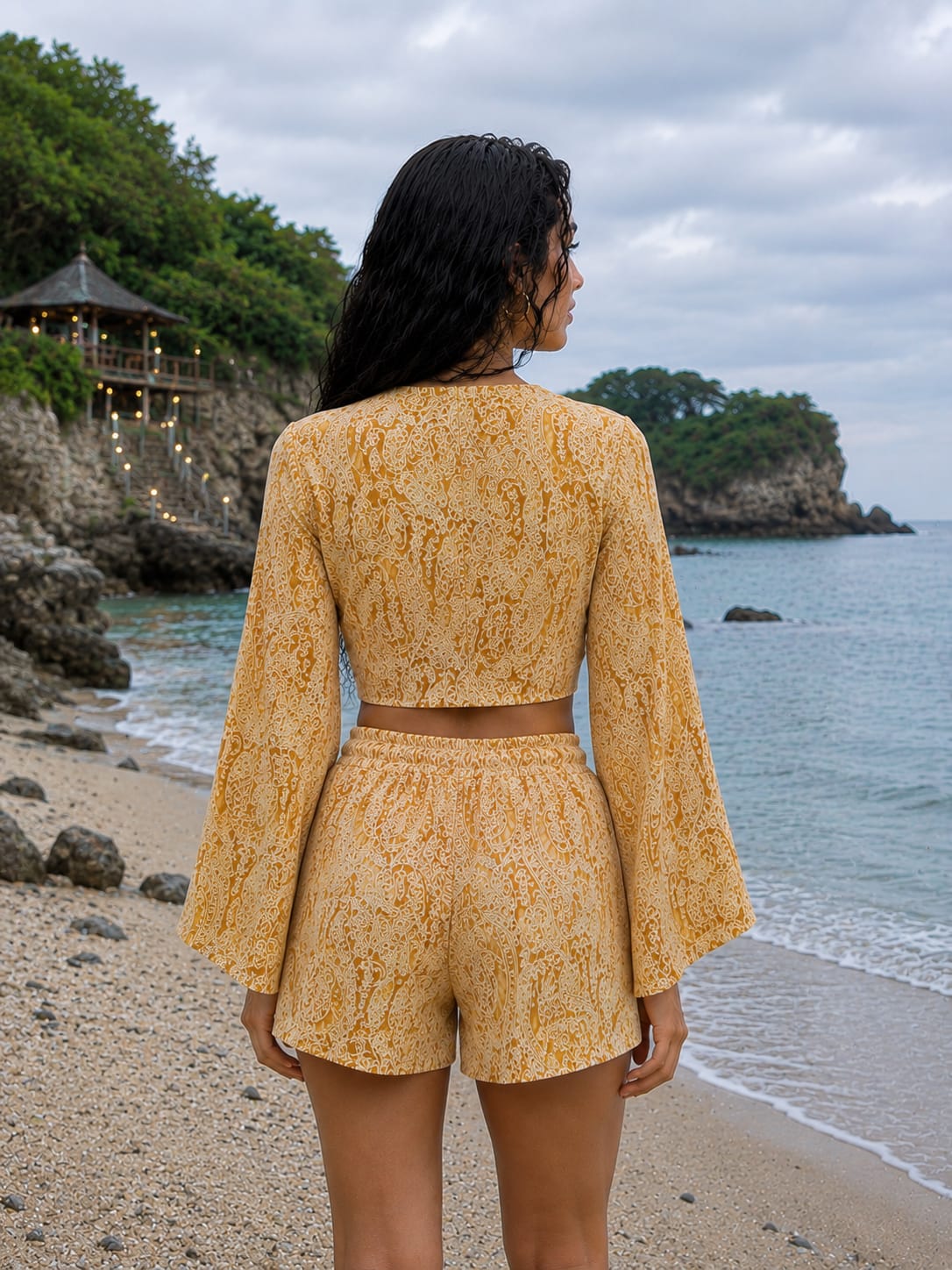Women’s Mustard Paisley Printed Cotton Beach Wear Set with Bell Sleeve Tie-Up Top & Tassel Shorts
