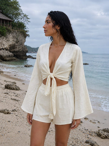 Women’s Off-White Self-Textured Cotton Beach Wear Set with Bell Sleeve Tie-Up Top & Tassel Shorts