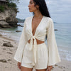 Women’s Off-White Self-Textured Cotton Beach Wear Set with Bell Sleeve Tie-Up Top & Tassel Shorts