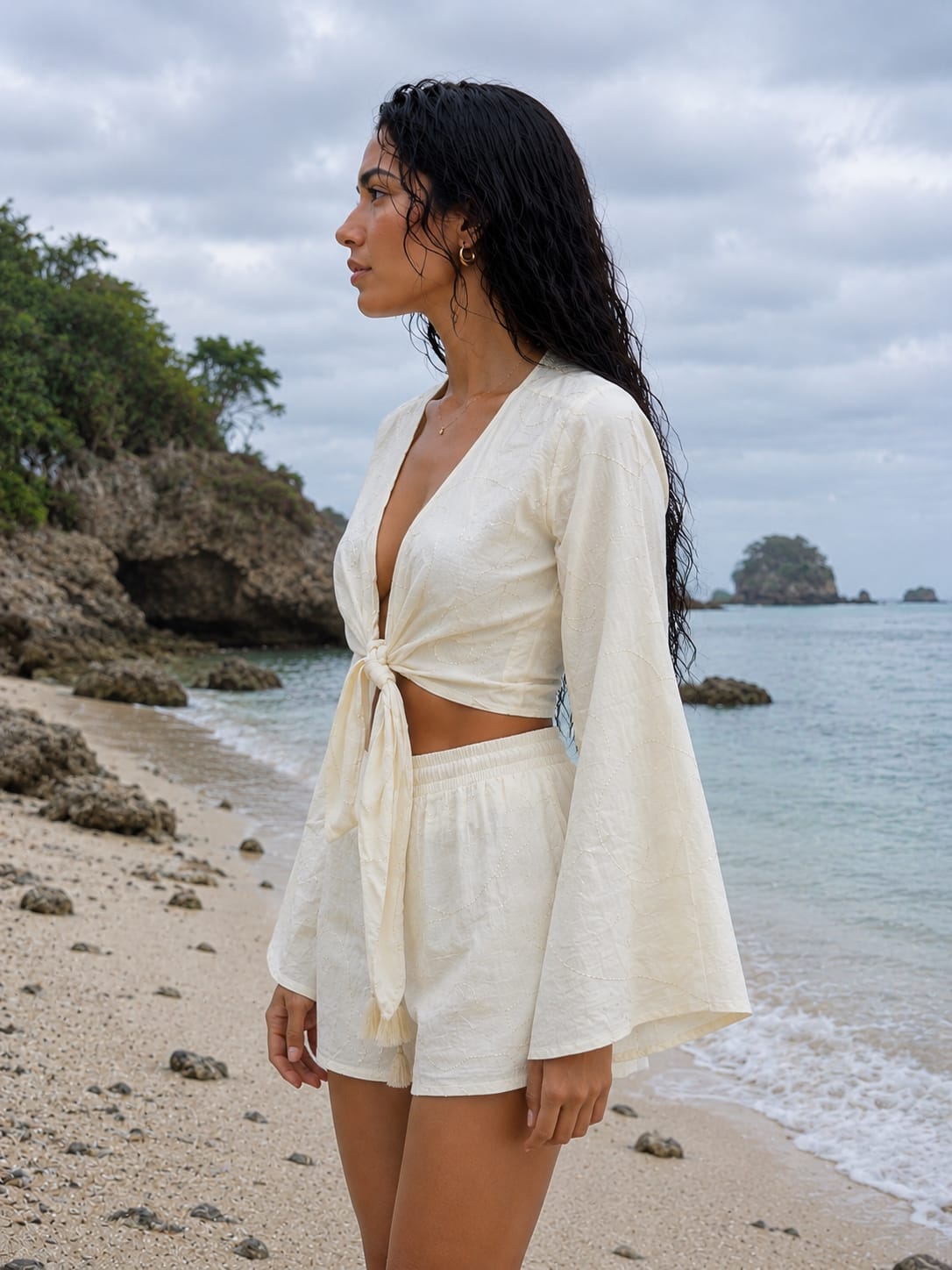 Women’s Off-White Self-Textured Cotton Beach Wear Set with Bell Sleeve Tie-Up Top & Tassel Shorts