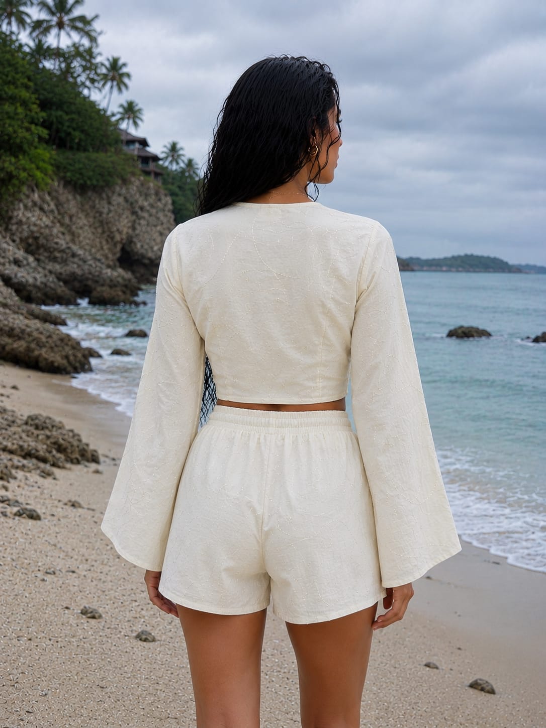 Women’s Off-White Self-Textured Cotton Beach Wear Set with Bell Sleeve Tie-Up Top & Tassel Shorts