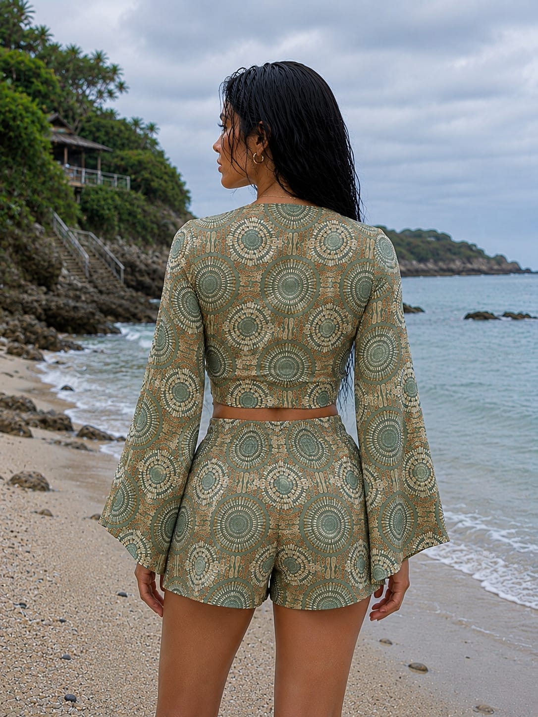 Women’s Olive Green Geometric Printed Cotton Beach Wear Set with Bell Sleeve Tie-Up Top & Tassel Shorts