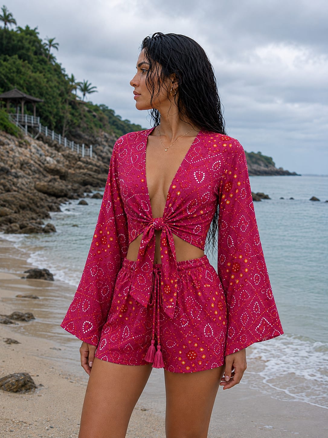 Women’s Magenta Pink Bandhani Printed Cotton Beach Wear Set with Bell Sleeve Tie-Up Top & Tassel Shorts