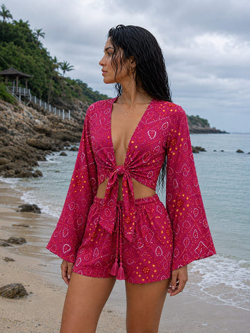 Women’s Magenta Pink Bandhani Printed Cotton Beach Wear Set with Bell Sleeve Tie-Up Top & Tassel Shorts