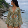 Women’s Olive Green Geometric Printed Cotton Beach Wear Set with Bell Sleeve Tie-Up Top & Tassel Shorts