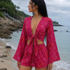 Women’s Magenta Pink Bandhani Printed Cotton Beach Wear Set with Bell Sleeve Tie-Up Top & Tassel Shorts