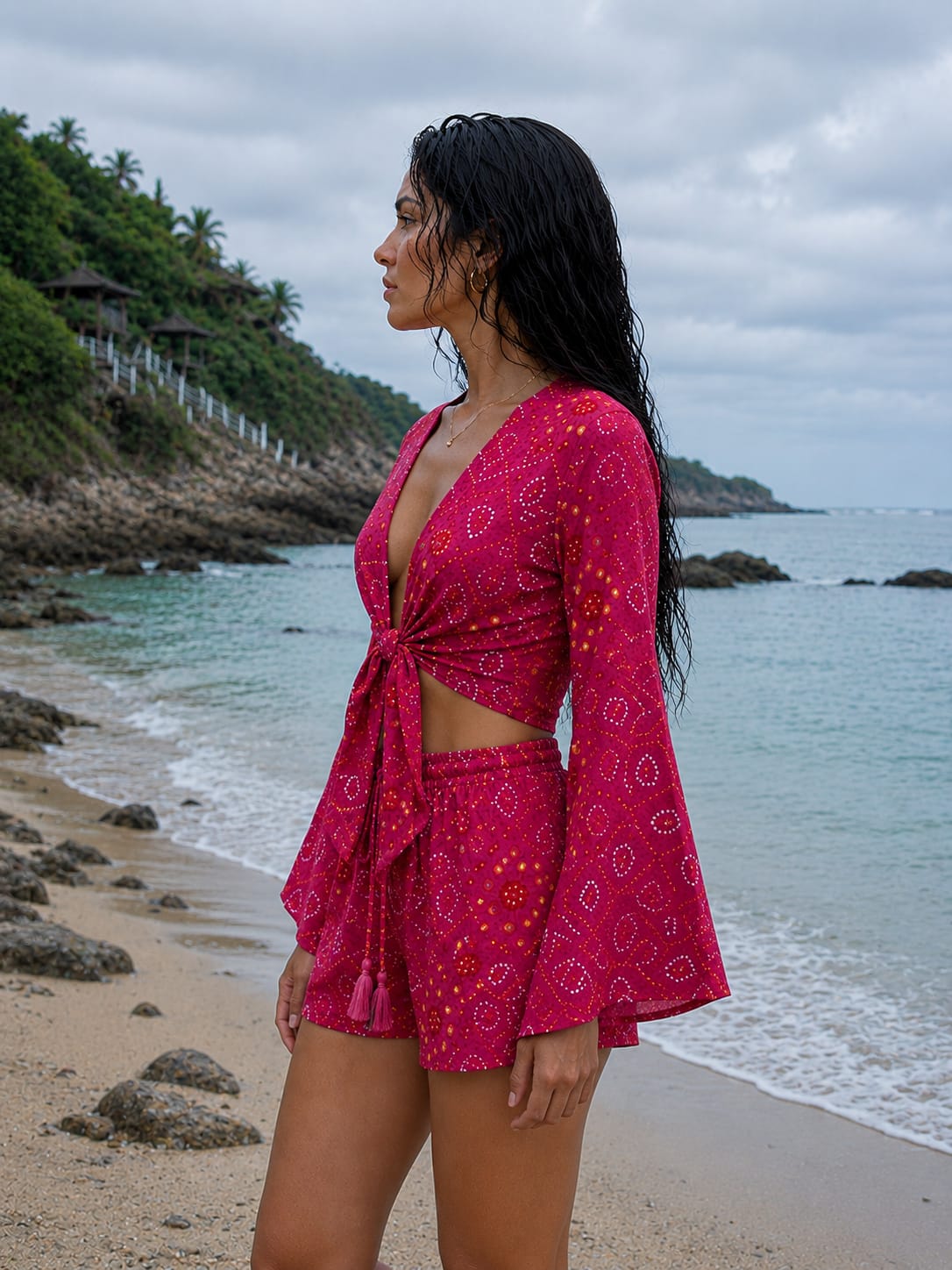 Women’s Magenta Pink Bandhani Printed Cotton Beach Wear Set with Bell Sleeve Tie-Up Top & Tassel Shorts