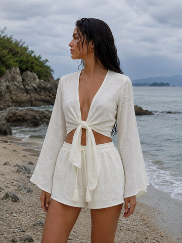 Women’s White Self-Embroidered Cotton Beach Wear Set with Bell Sleeve Tie-Up Top & Tassel Shorts