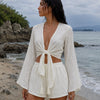 Women’s White Self-Embroidered Cotton Beach Wear Set with Bell Sleeve Tie-Up Top & Tassel Shorts