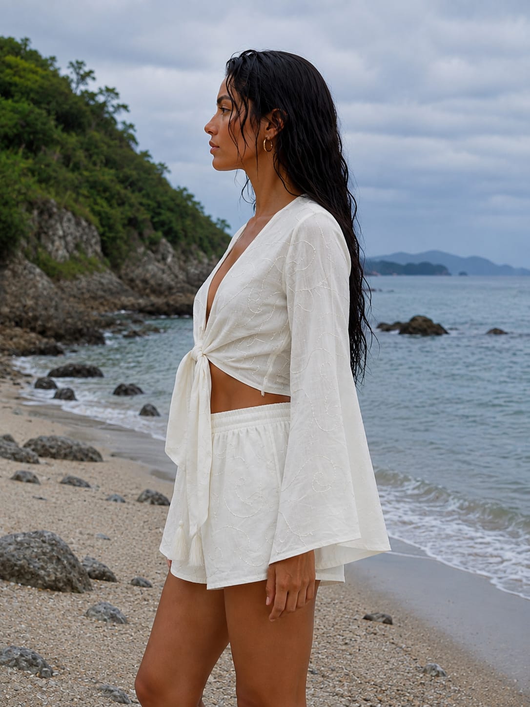 Women’s White Self-Embroidered Cotton Beach Wear Set with Bell Sleeve Tie-Up Top & Tassel Shorts