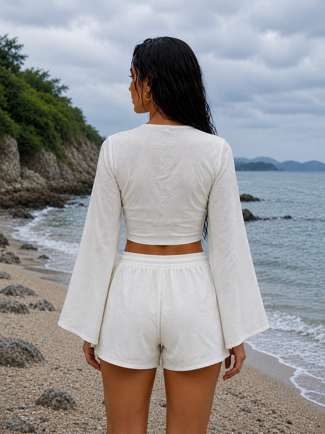 Women’s White Self-Embroidered Cotton Beach Wear Set with Bell Sleeve Tie-Up Top & Tassel Shorts