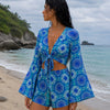 Women’s Blue Geometric Printed Cotton Beach Wear Set with Bell Sleeve Tie-Up Top & Tassel Shorts