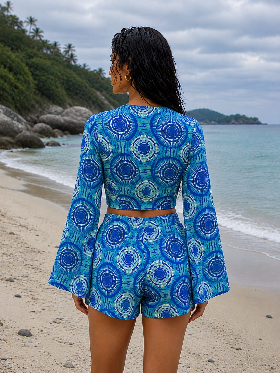 Women’s Blue Geometric Printed Cotton Beach Wear Set with Bell Sleeve Tie-Up Top & Tassel Shorts