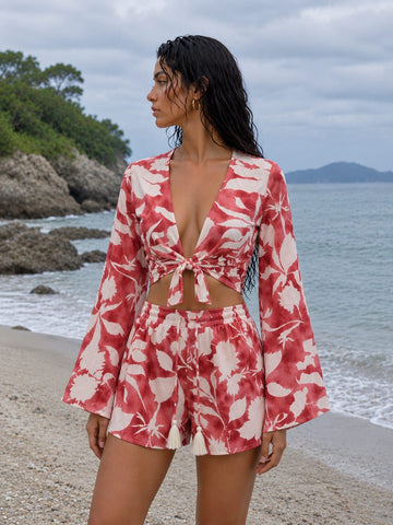 Women’s Red & White Floral Printed Cotton Beach Wear Set with Bell Sleeve Tie-Up Top & Tassel Shorts