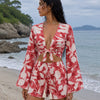 Women’s Red & White Floral Printed Cotton Beach Wear Set with Bell Sleeve Tie-Up Top & Tassel Shorts