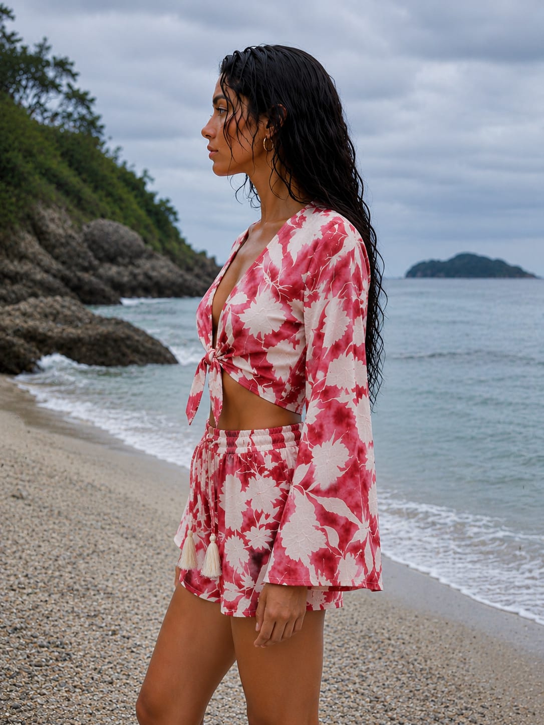 Women’s Red & White Floral Printed Cotton Beach Wear Set with Bell Sleeve Tie-Up Top & Tassel Shorts