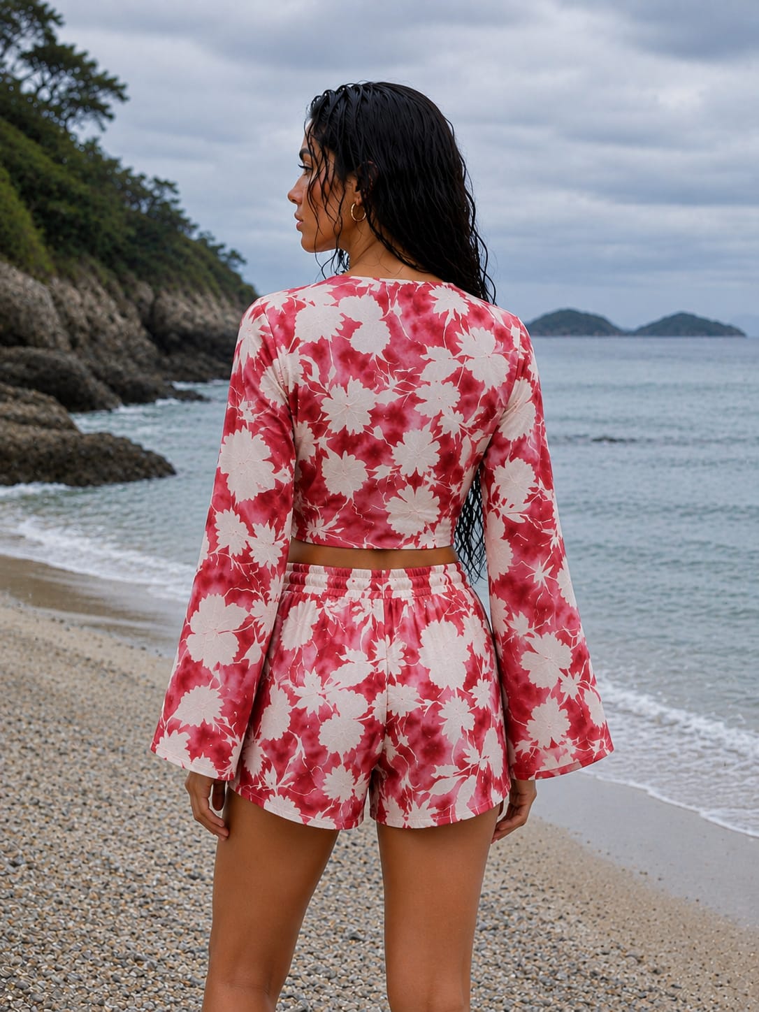 Women’s Red & White Floral Printed Cotton Beach Wear Set with Bell Sleeve Tie-Up Top & Tassel Shorts