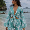 Women’s Aqua Blue Floral Printed Cotton Beach Wear Set with Bell Sleeve Tie-Up Top & Tassel Shorts