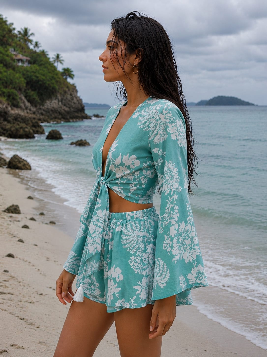 Women’s Aqua Blue Floral Printed Cotton Beach Wear Set with Bell Sleeve Tie-Up Top & Tassel Shorts