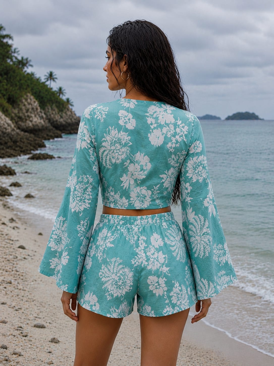 Women’s Aqua Blue Floral Printed Cotton Beach Wear Set with Bell Sleeve Tie-Up Top & Tassel Shorts