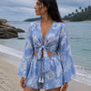 Women’s Sky Blue Floral Printed Cotton Beach Wear Set with Bell Sleeve Tie-Up Top & Tassel Shorts