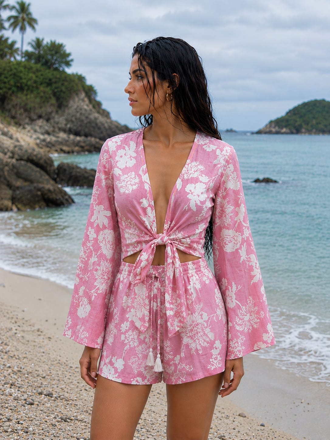 Women’s Pink Floral Printed Cotton Beach Wear Set with Bell Sleeve Tie-Up Top & Tassel Shorts